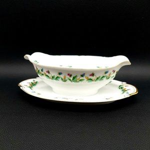 Aladdin Fine China Hollandia Gravy Boat w/ Attached Plate Occupied Japan Flower